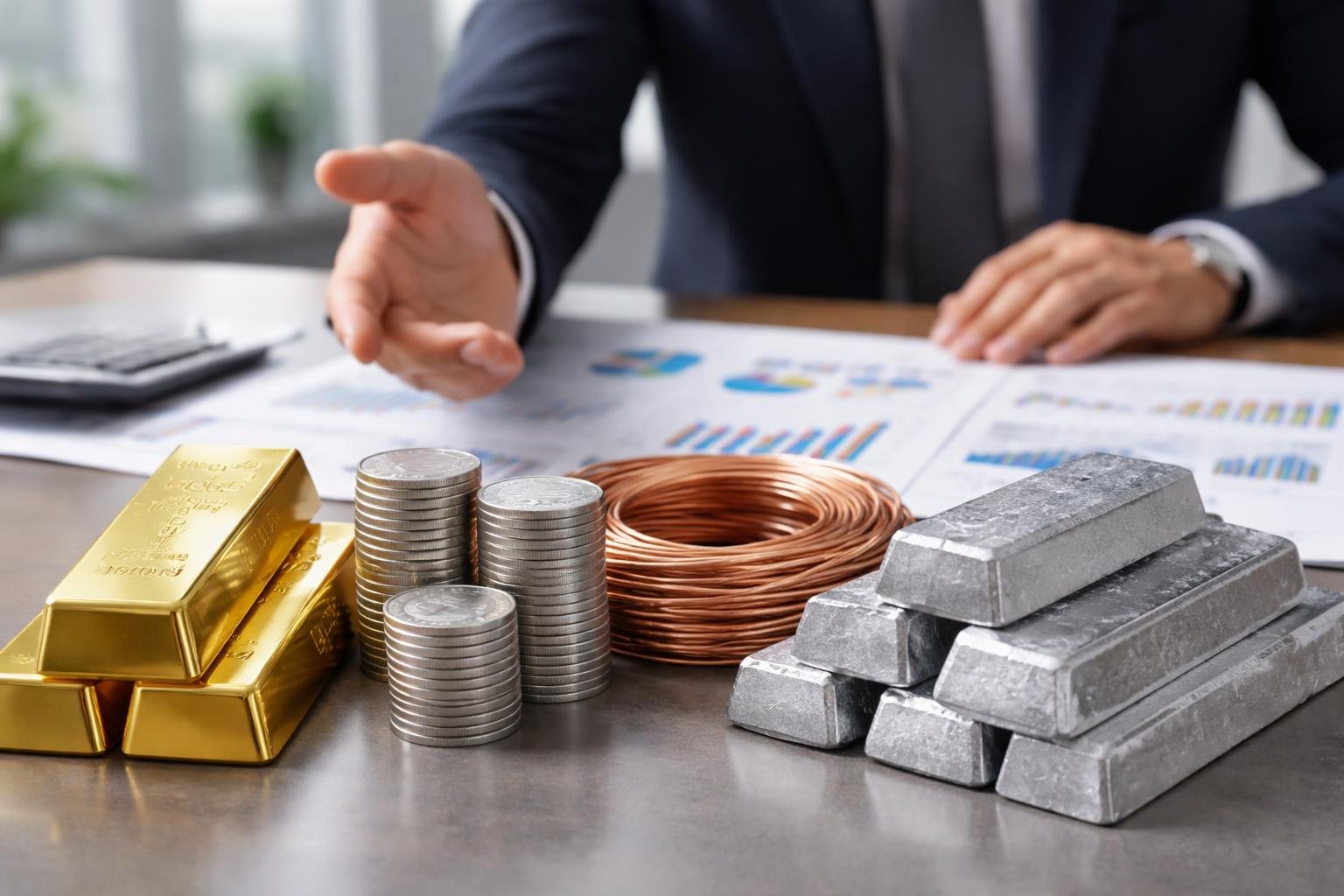 Close-up of various raw metals on a table with financial charts and a businessperson's hand pointing at them.