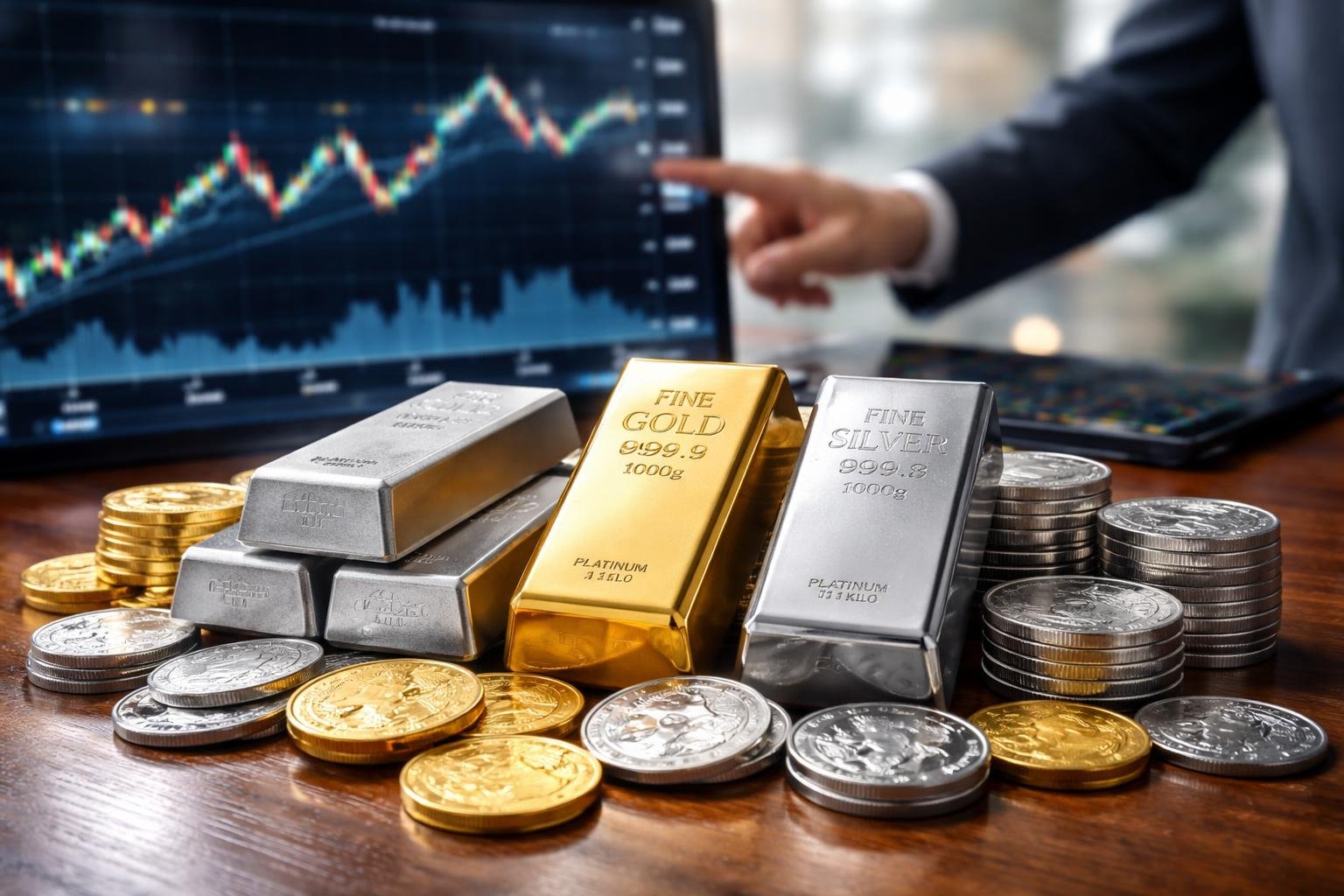Close-up of precious metal bars and coins on a table with a blurred stock market graph and a business person's hand interacting with a touchscreen device in the background.