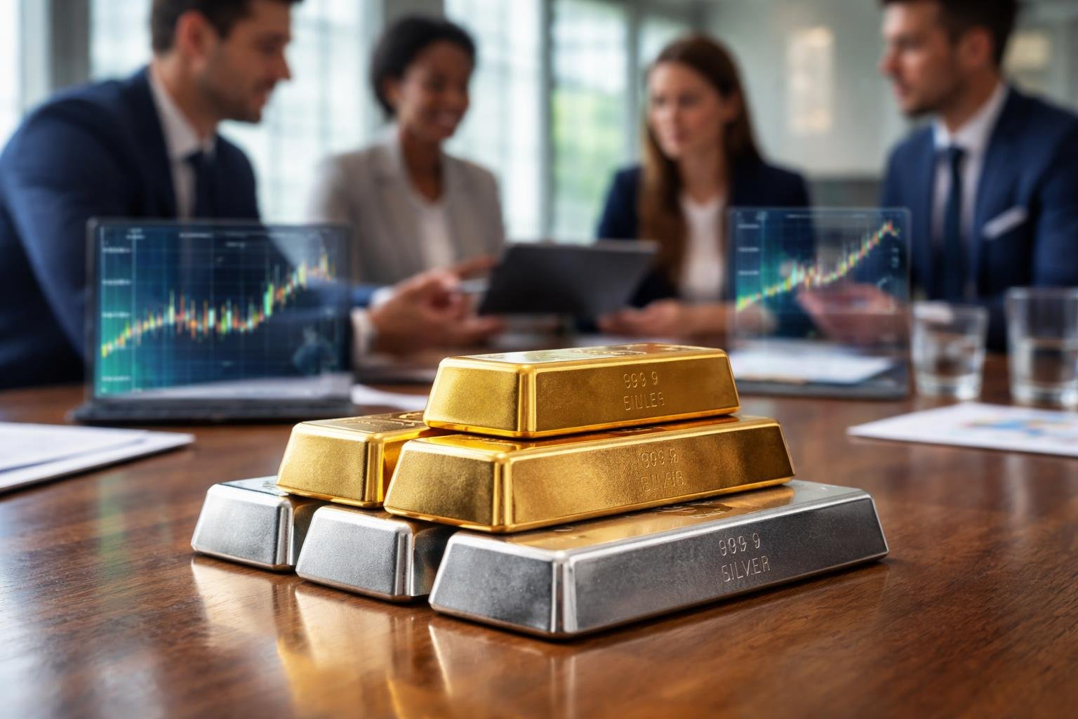 Close-up of gold and silver bars on a table with business professionals discussing financial data in the background.