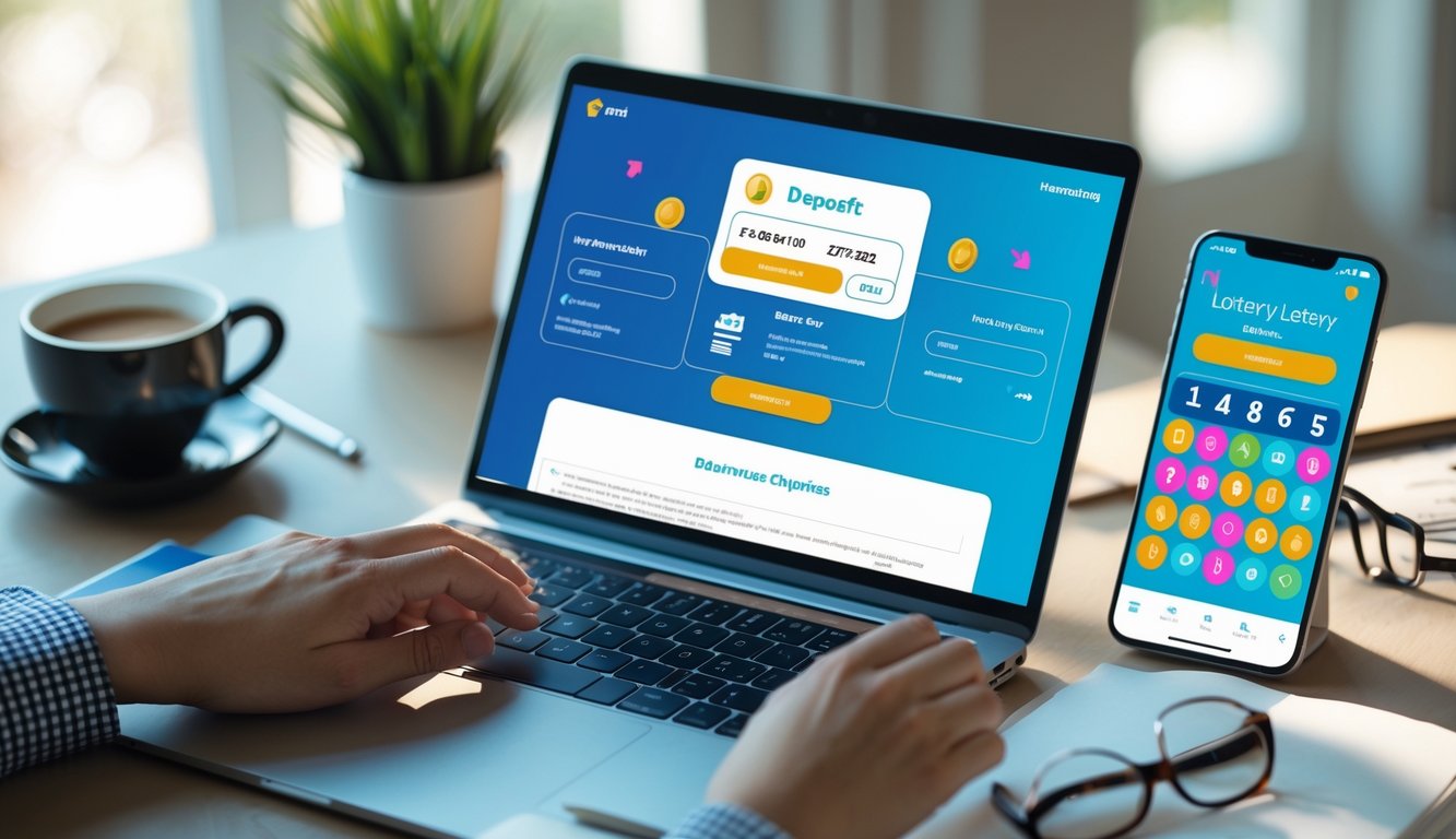 Meja kerja dengan laptop dan ponsel yang menampilkan aktivitas perbankan dan aplikasi togel online, dilengkapi dengan kopi, buku catatan, dan kacamata.