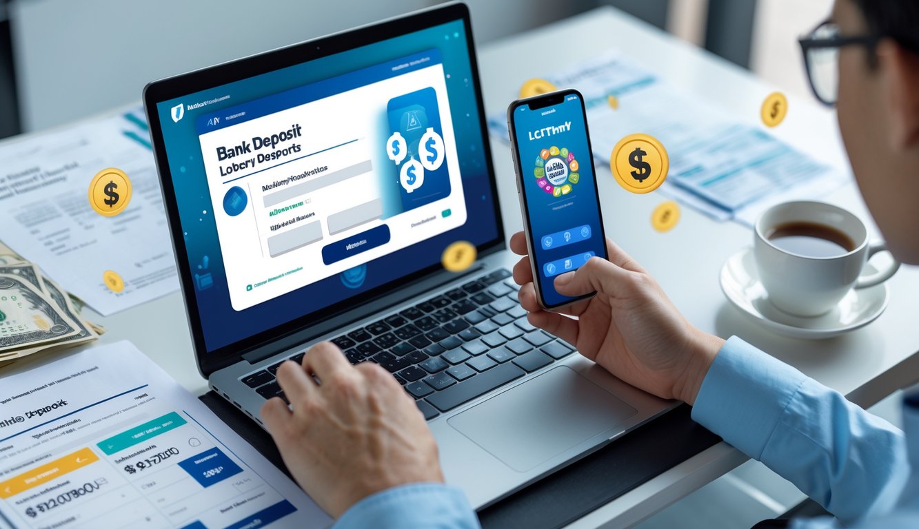 Meja kerja modern dengan laptop dan ponsel yang menampilkan transaksi deposit bank dan aplikasi togel online.