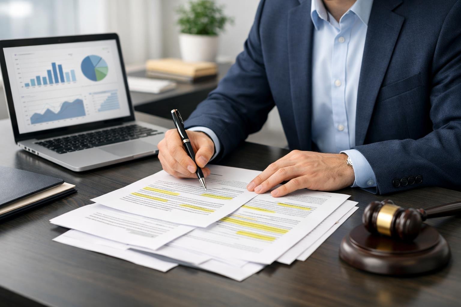 Une personne professionnelle analysant des documents de marchés publics sur un bureau moderne dans un bureau lumineux et épuré.