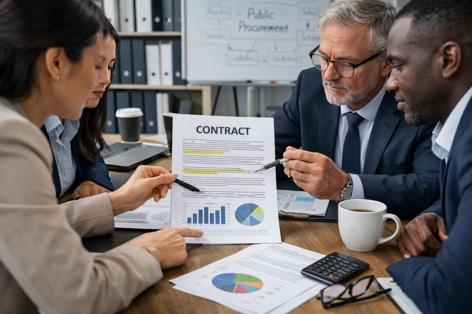 Un groupe de professionnels en réunion autour d'une table, examinant des documents importants dans un bureau moderne.
