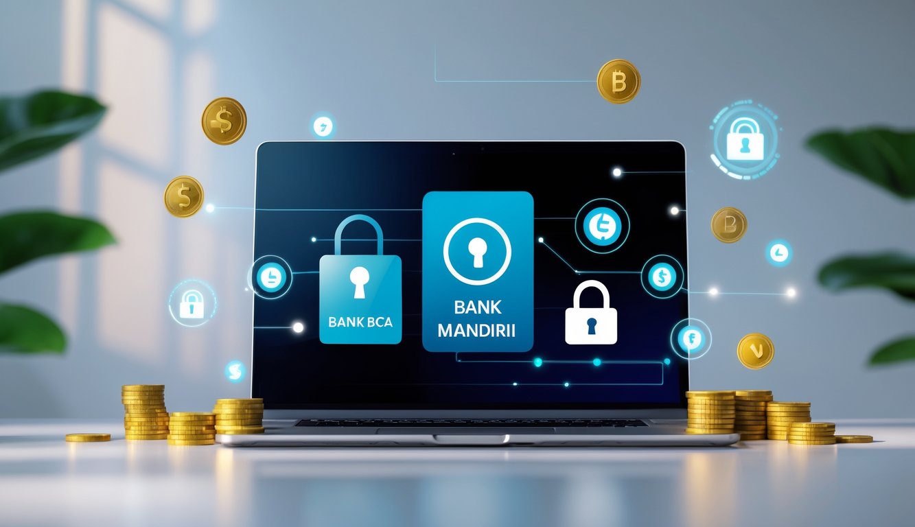 Seseorang menggunakan perangkat digital untuk melakukan transaksi perbankan online dengan ikon bank terkemuka di layar.