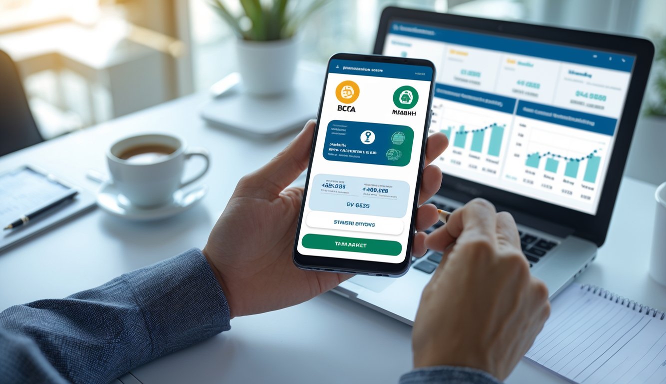 Seseorang menggunakan ponsel untuk melakukan transaksi perbankan online dengan latar belakang laptop di meja kerja.