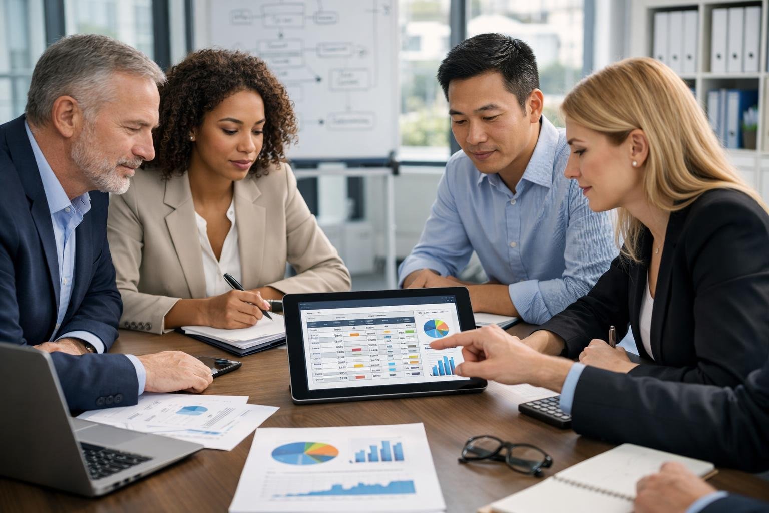 Des professionnels en réunion autour d'une table de conférence, analysant des documents et des données sur des appareils numériques dans un bureau lumineux.