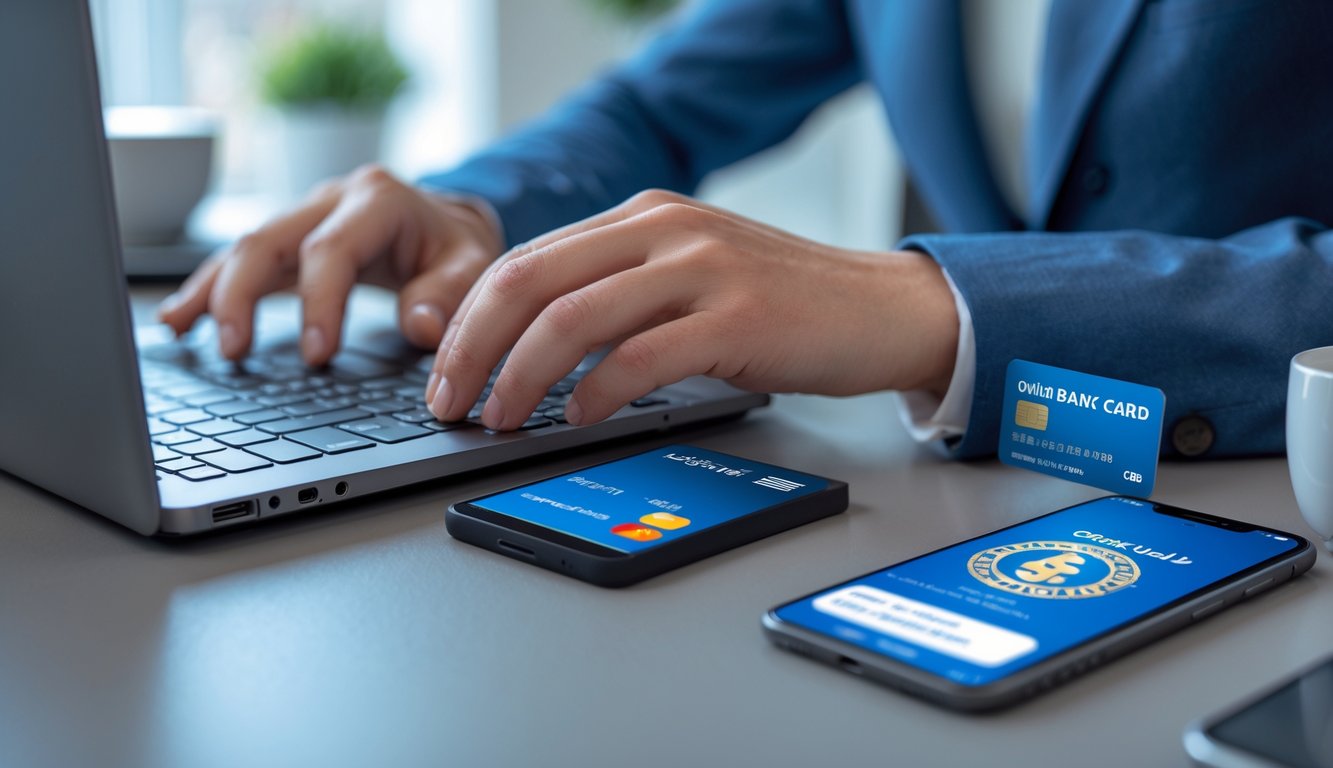 Seseorang sedang menggunakan laptop dengan kartu bank dan ponsel di meja dalam ruangan yang terang.