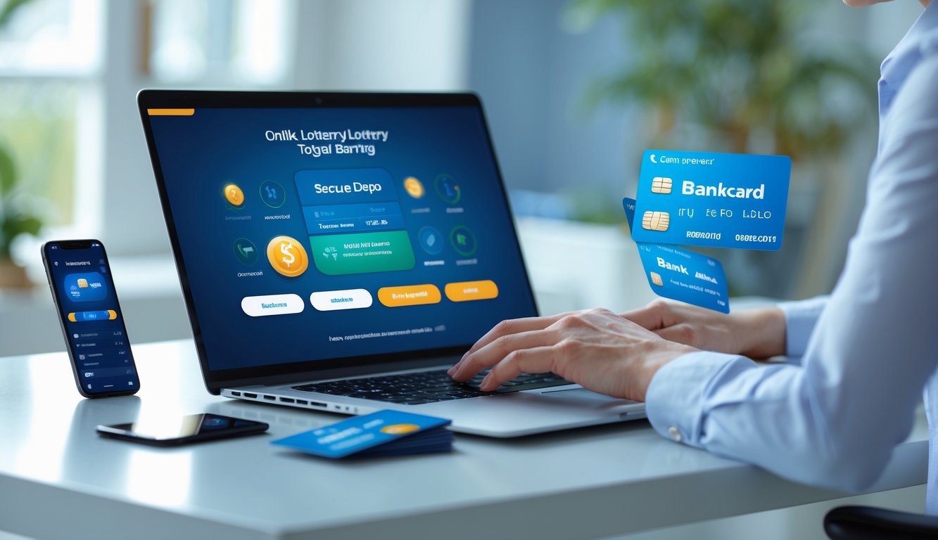 Seseorang menggunakan laptop dengan kartu bank dan ponsel di meja, menunjukkan transaksi deposit aman untuk bermain togel online.