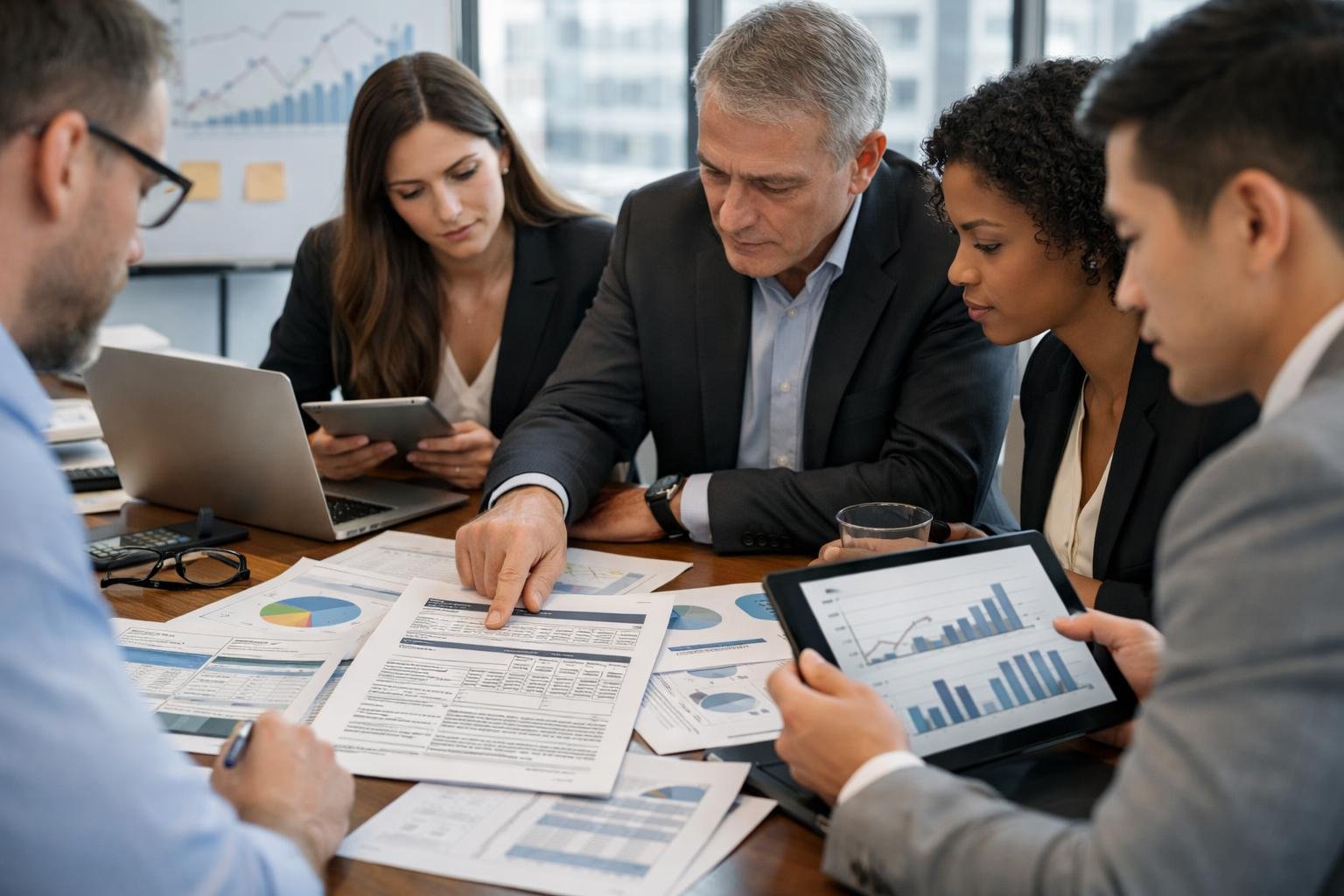Un groupe de professionnels analysant des documents et des graphiques autour d'une table dans un bureau moderne.