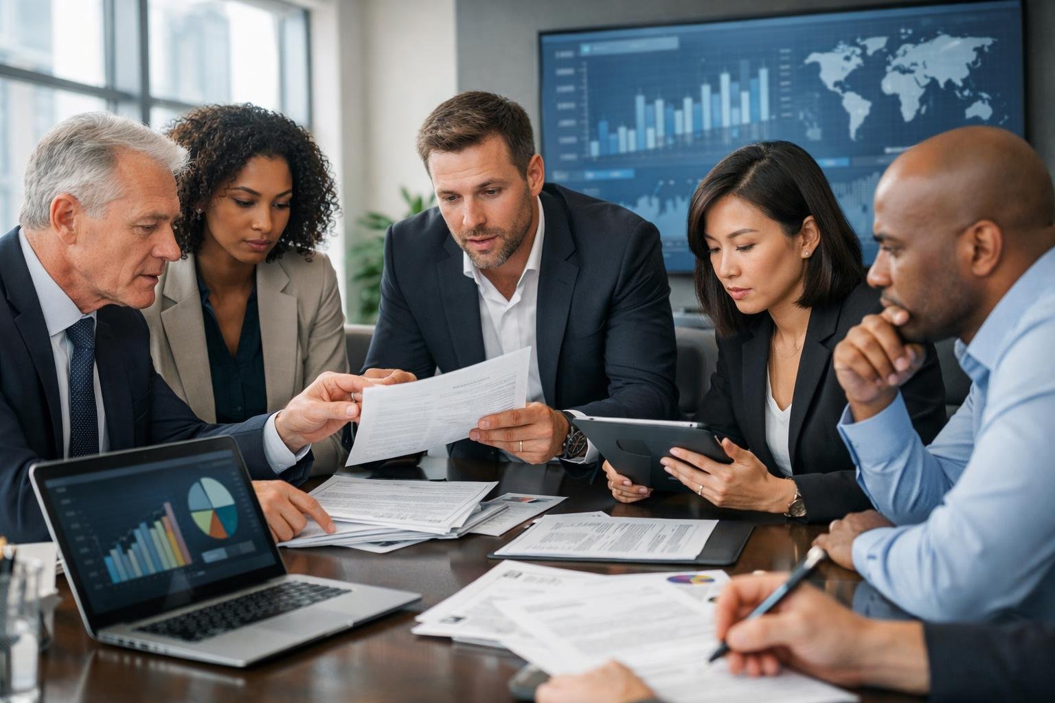 Un groupe de professionnels en réunion dans un bureau moderne, examinant des documents et des écrans pour prendre rapidement des décisions.
