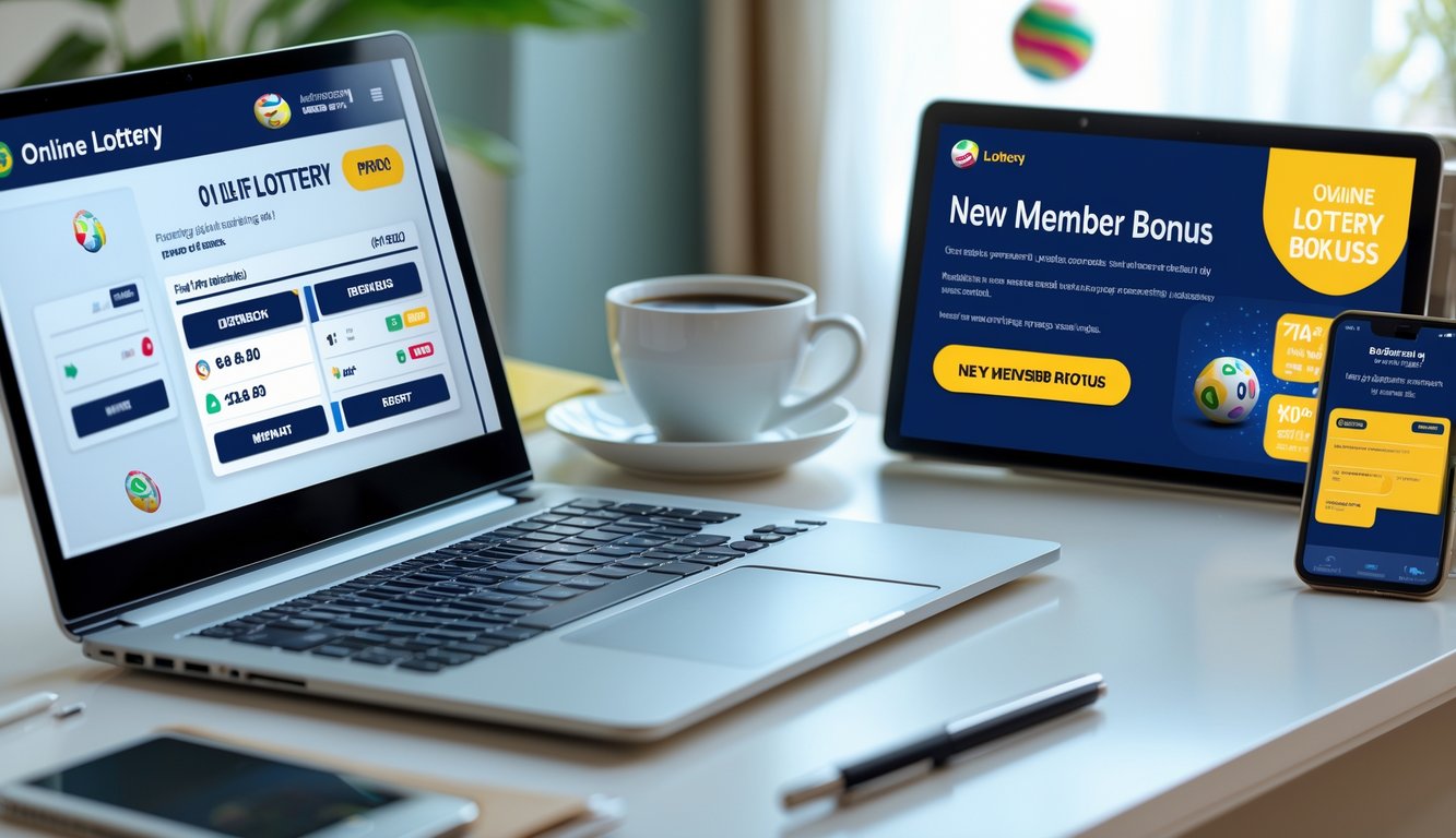 Sebuah meja kerja modern dengan laptop dan ponsel yang menampilkan antarmuka perbankan digital dan notifikasi bonus anggota baru, di sekitar terdapat elemen yang mewakili lotere online.