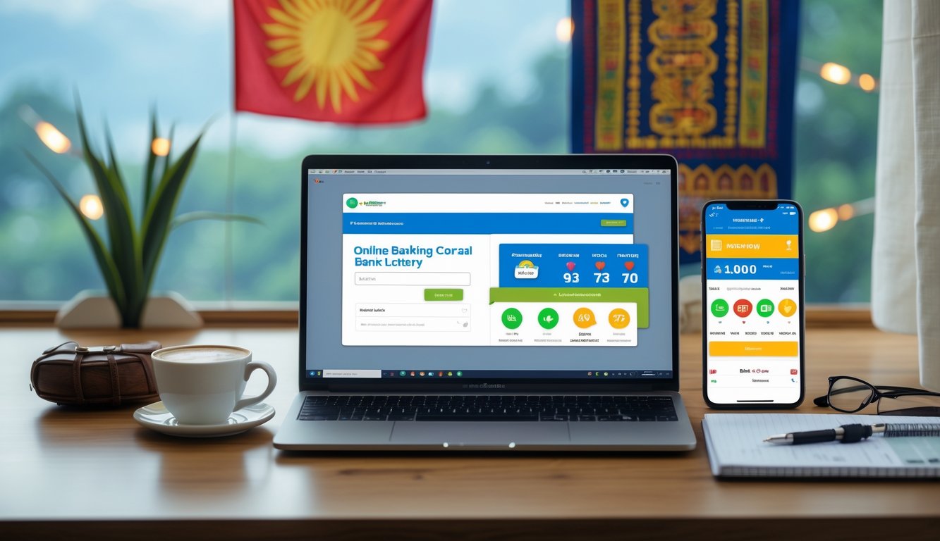 Meja kerja dengan laptop dan ponsel yang menampilkan antarmuka perbankan online dan situs togel, dengan bendera Indonesia kecil di latar belakang.