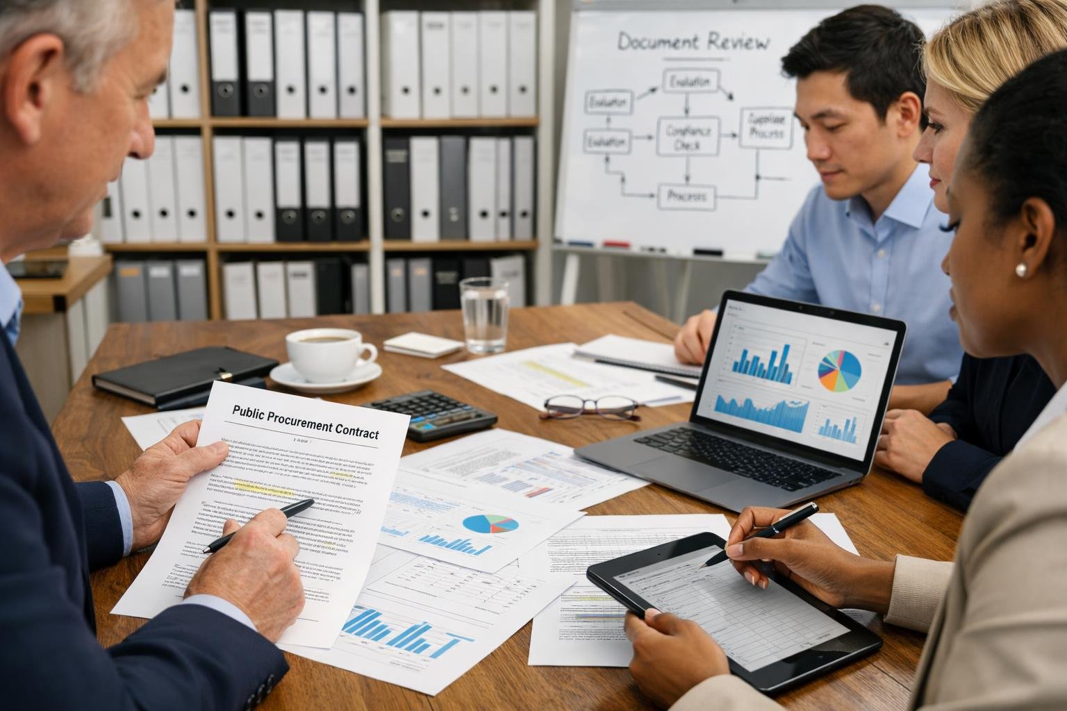 Des professionnels en réunion analysant des documents officiels sur une table dans un bureau moderne.