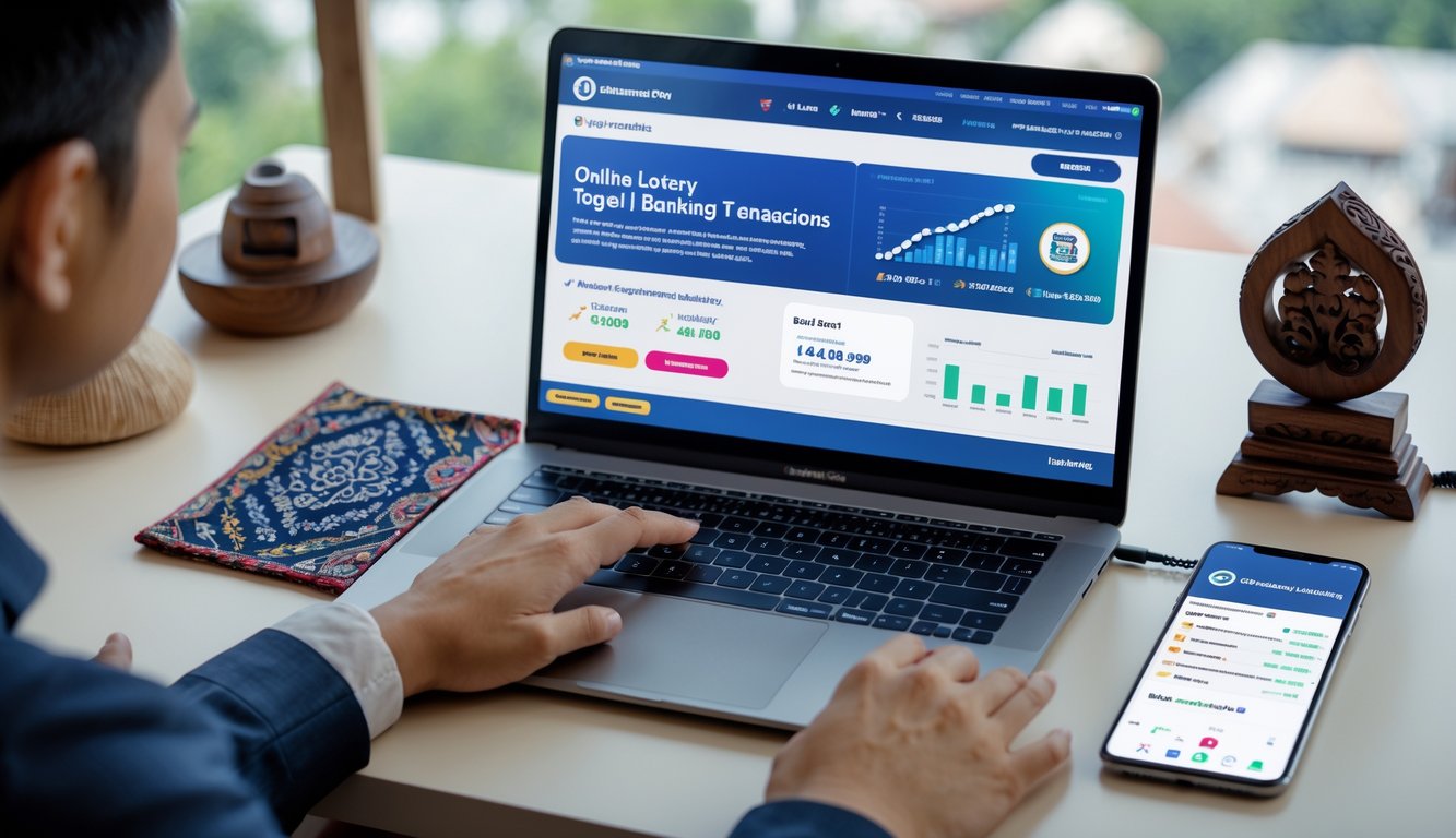 Seorang pengguna sedang menggunakan laptop dan ponsel untuk melakukan transaksi perbankan online dengan latar belakang elemen budaya Indonesia di meja kerja.