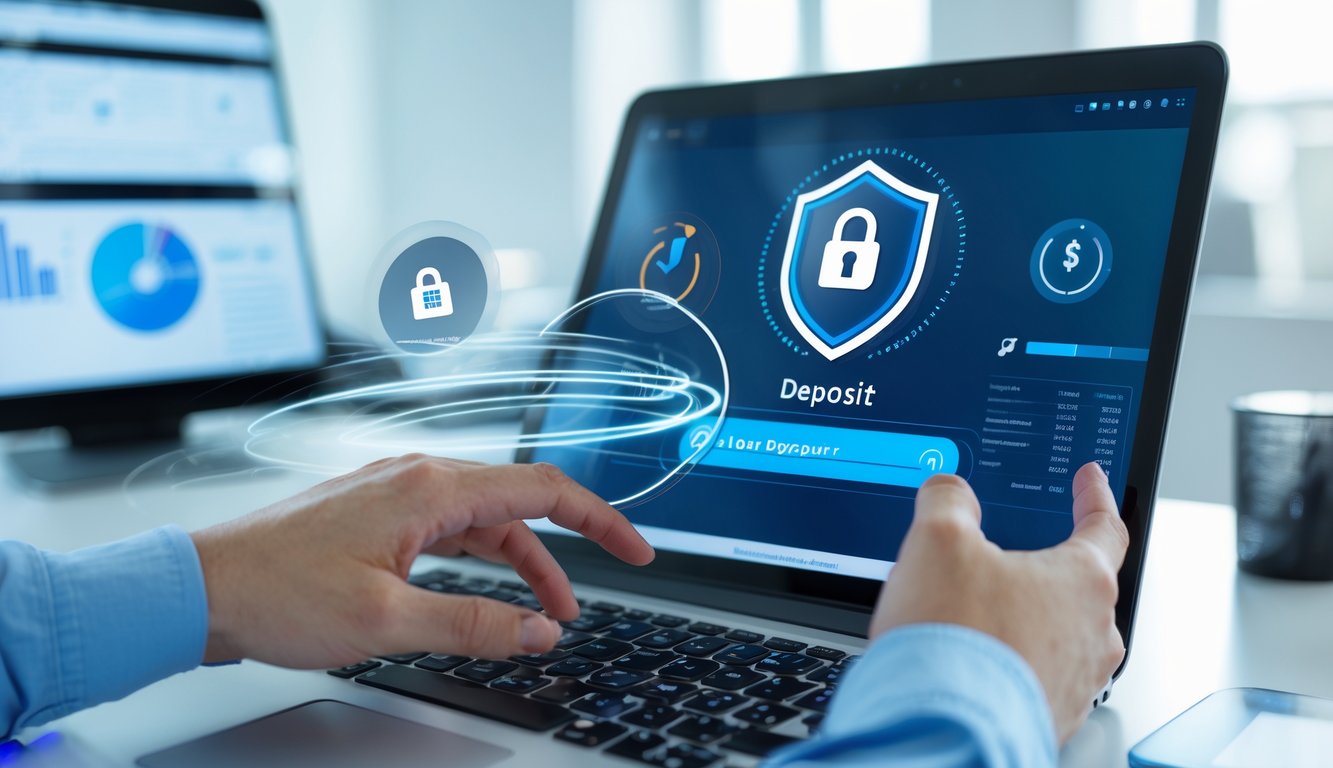 Seseorang menggunakan laptop atau ponsel untuk melakukan transaksi deposit togel online lewat bank dengan ikon keamanan dan suasana kantor yang rapi.