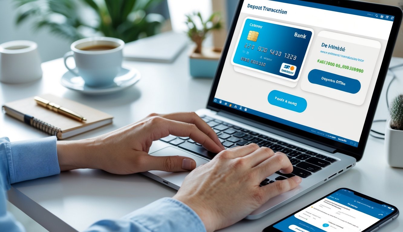 Seseorang sedang melakukan transaksi deposit togel online menggunakan laptop dan kartu bank di meja kerja yang rapi.