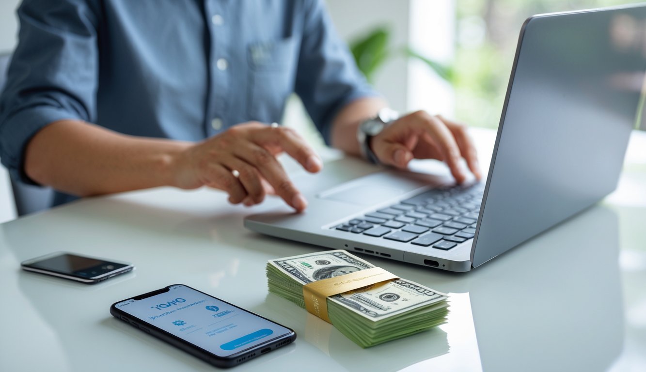 Seorang pemula menggunakan laptop dan ponsel untuk melakukan deposit bank online dengan uang rupiah di meja.