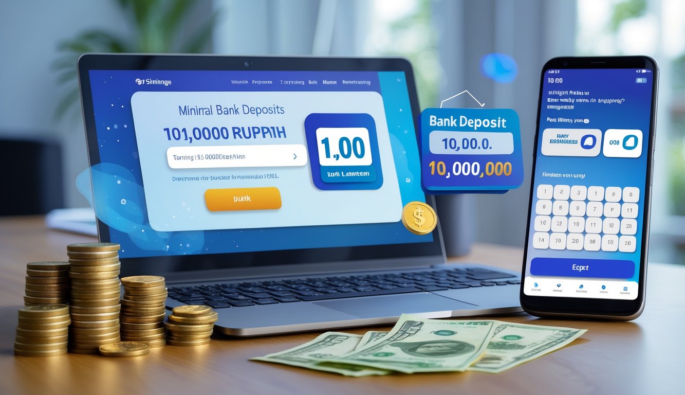 Meja kerja dengan laptop dan ponsel menampilkan aplikasi perbankan dan togel, serta uang Rupiah di atas meja.