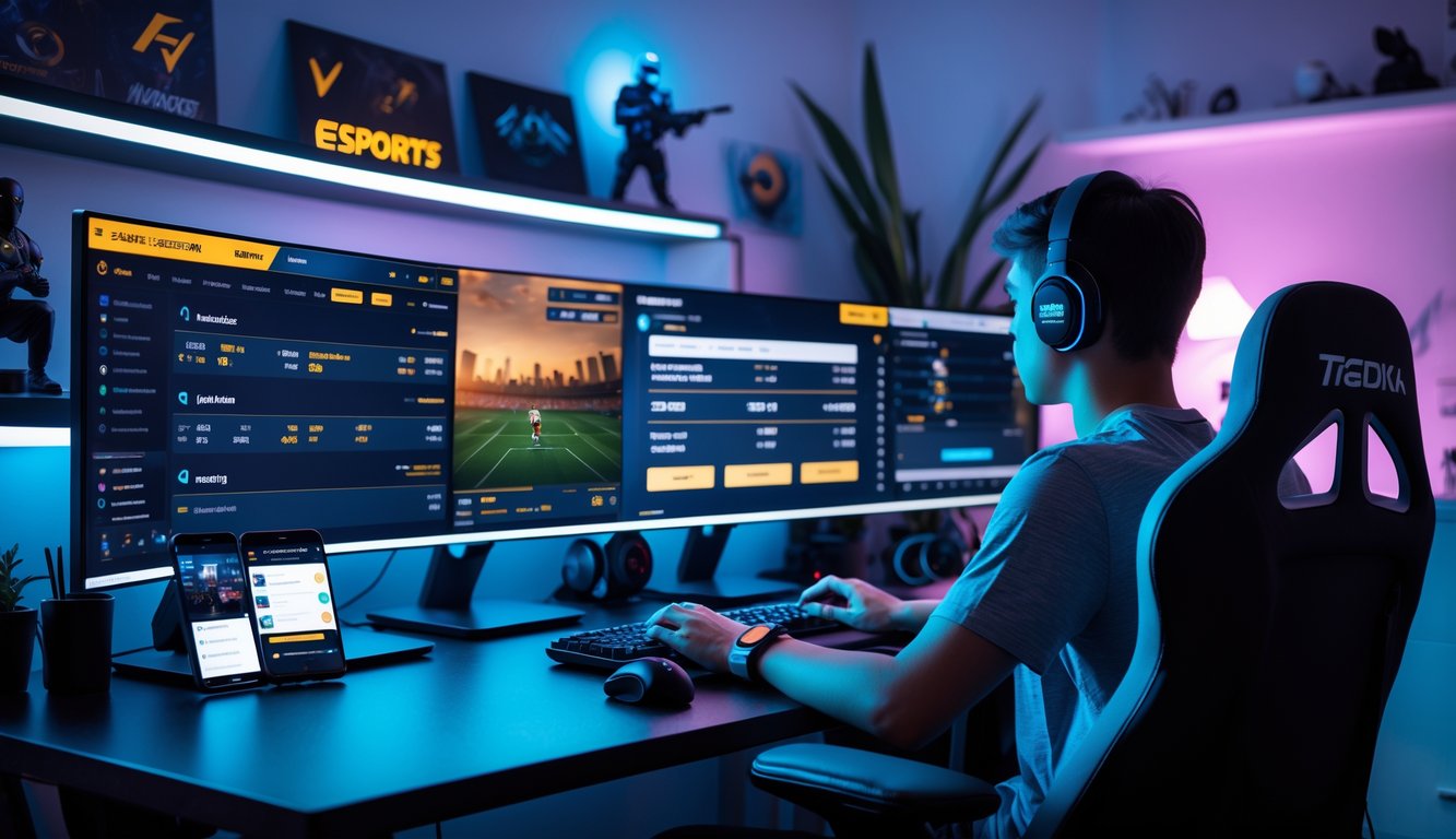 Seseorang duduk di meja dengan beberapa monitor menampilkan pertandingan esports langsung dan aplikasi taruhan, menggunakan komputer dan ponsel di ruangan dengan lampu LED dan perlengkapan gaming.