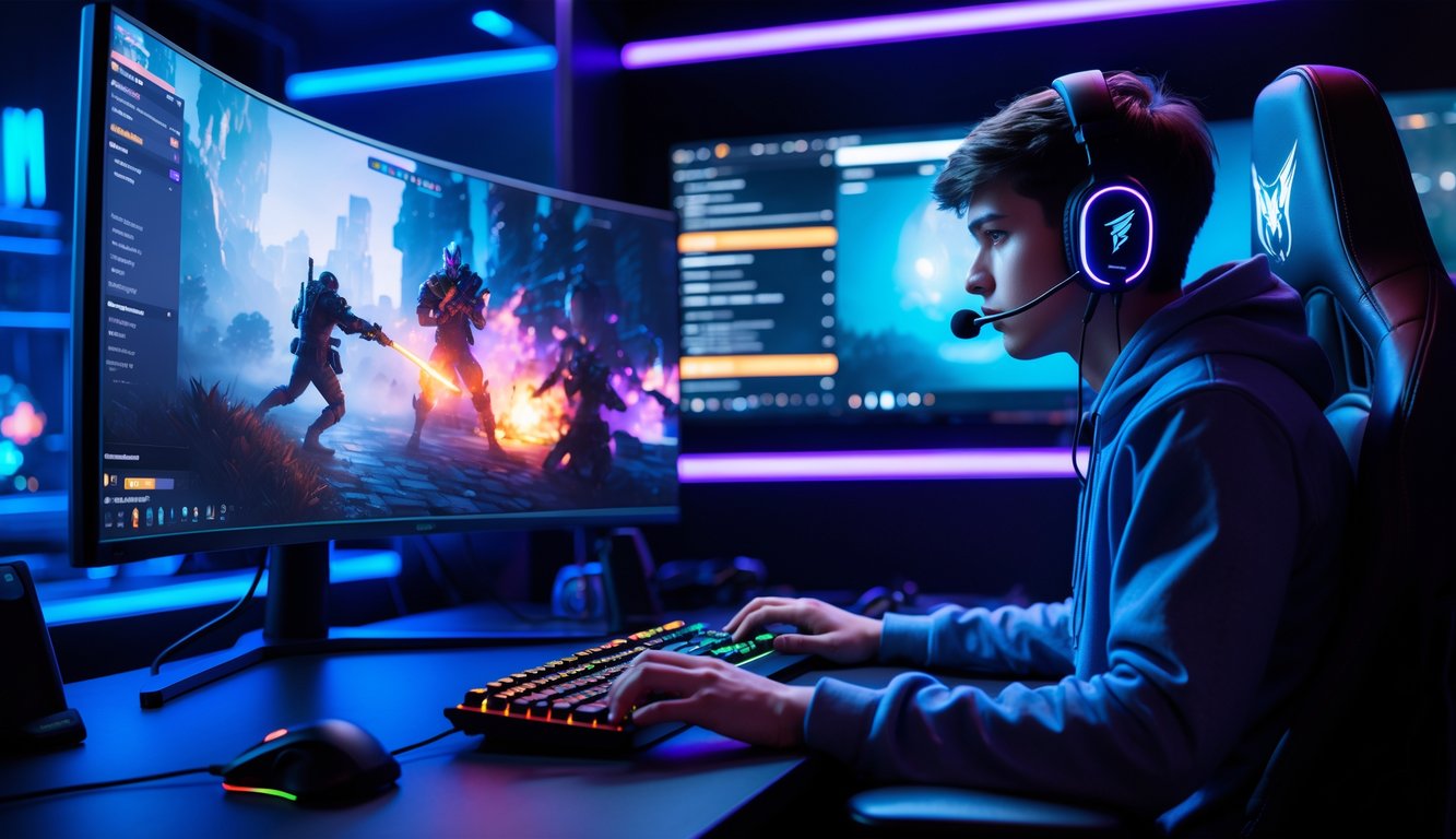 Seorang gamer muda sedang bermain game esports dengan layar besar dan peralatan gaming di ruangan yang dilengkapi lampu LED berwarna biru dan ungu.