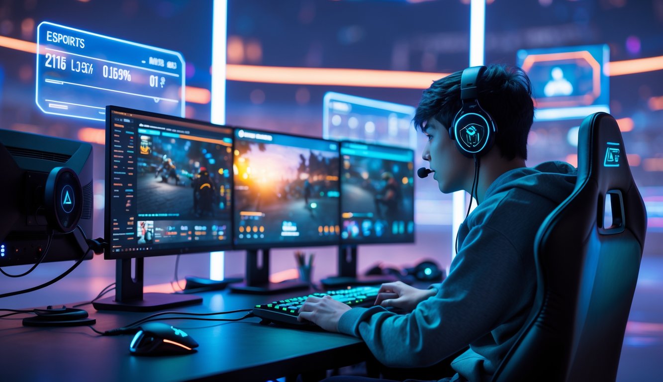 Seorang gamer muda fokus bermain game esports di depan beberapa monitor dengan tampilan streaming langsung dan suasana ruangan yang modern dan penuh lampu neon.
