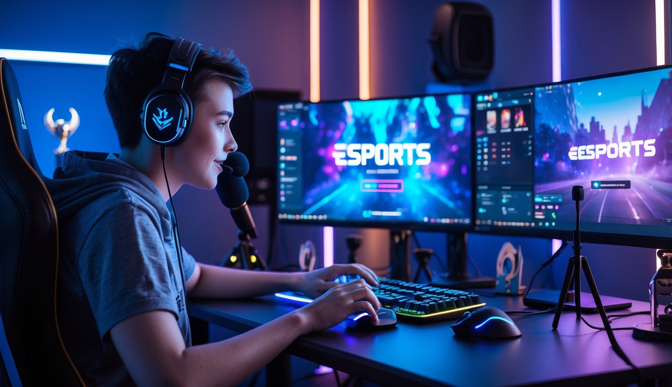 Seorang gamer muda sedang bermain esports dengan setup komputer modern dan beberapa monitor yang menampilkan permainan dan streaming langsung.