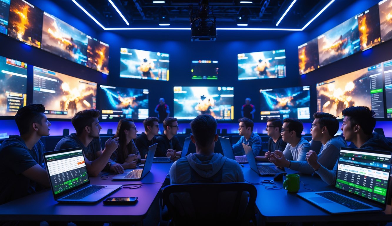 Sekelompok orang muda menonton pertandingan esports secara langsung di sebuah ruangan berteknologi tinggi dengan layar besar dan perangkat elektronik di depan mereka.