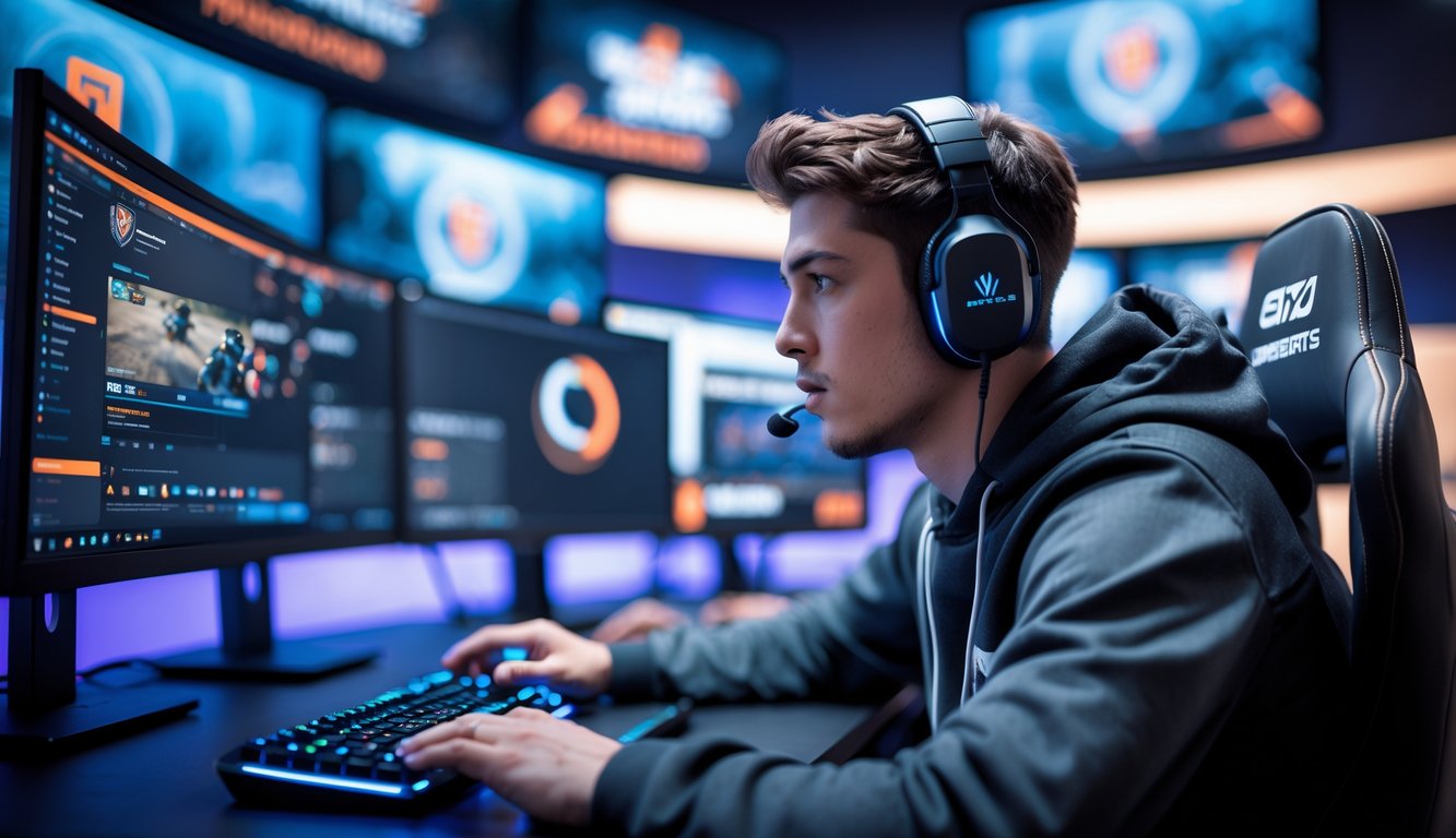 Seorang pria sedang bermain game esports dengan fokus di depan komputer dalam ruangan gaming yang modern dan terang.