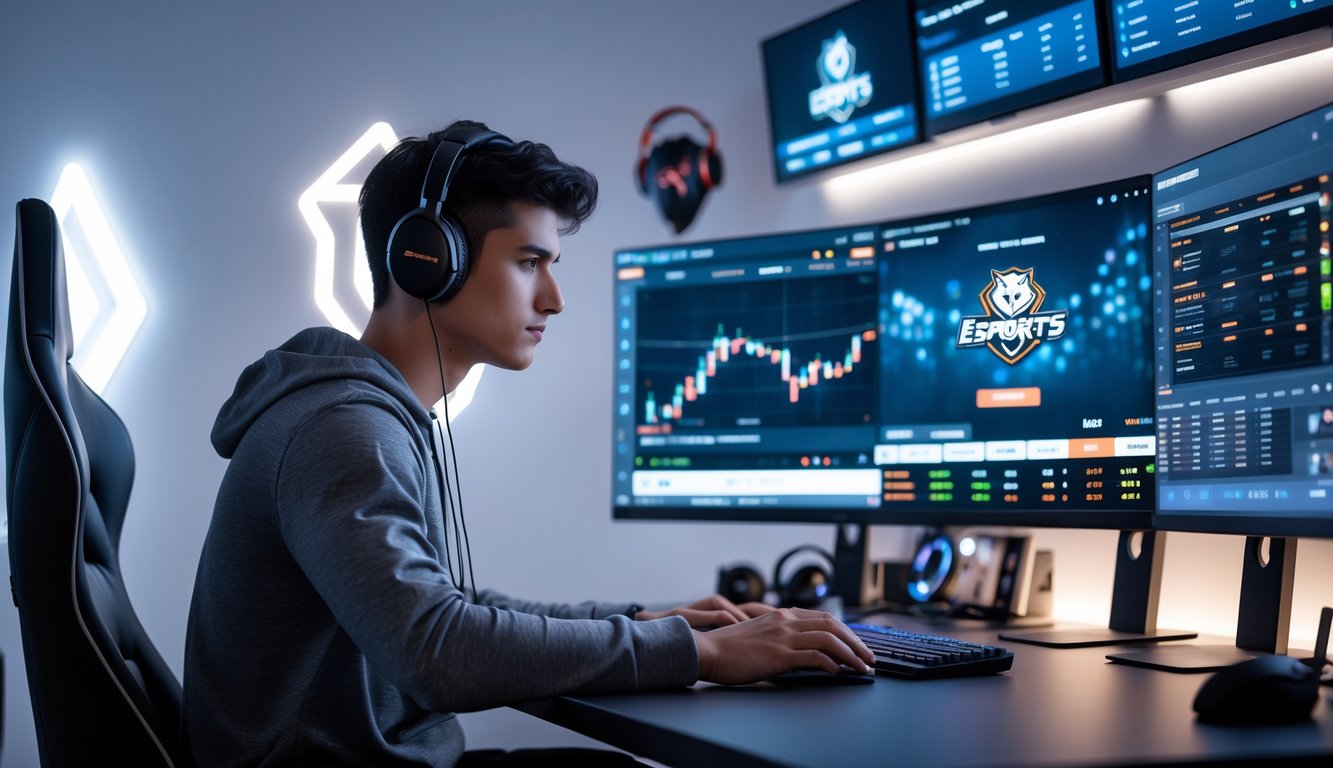 Seorang pria muda duduk di depan komputer dengan beberapa layar menampilkan pertandingan esports dan platform taruhan secara langsung.