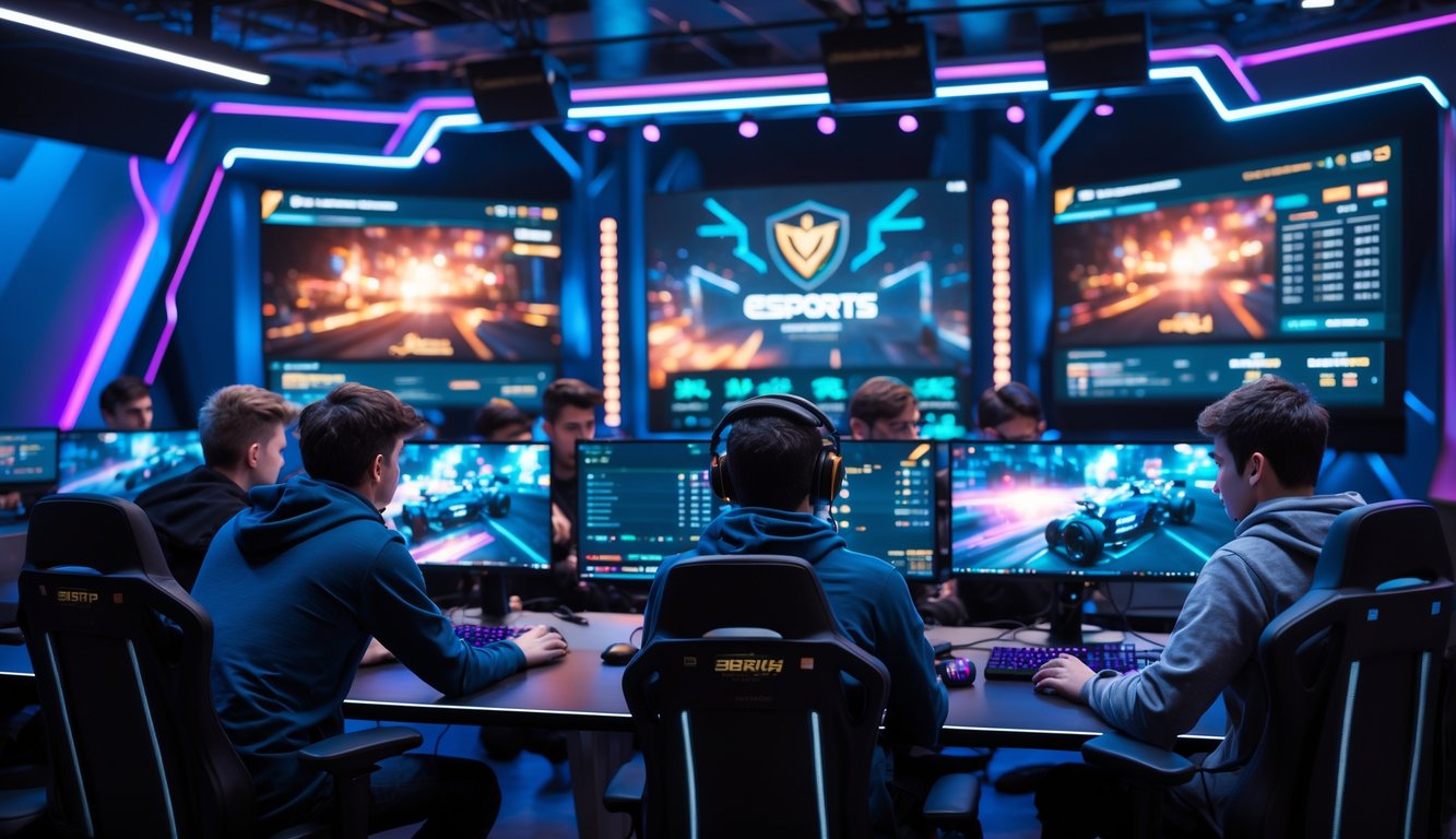 Sekelompok orang muda bermain game esports di studio dengan komputer dan layar besar yang menampilkan pertandingan esports secara langsung.