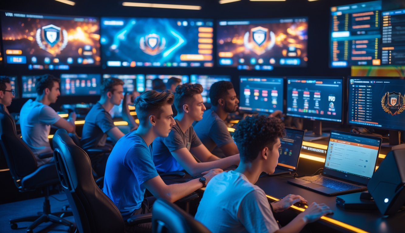 Sekelompok orang muda sedang fokus menonton dan memasang taruhan pada pertandingan esports secara langsung di ruang bermain yang modern.