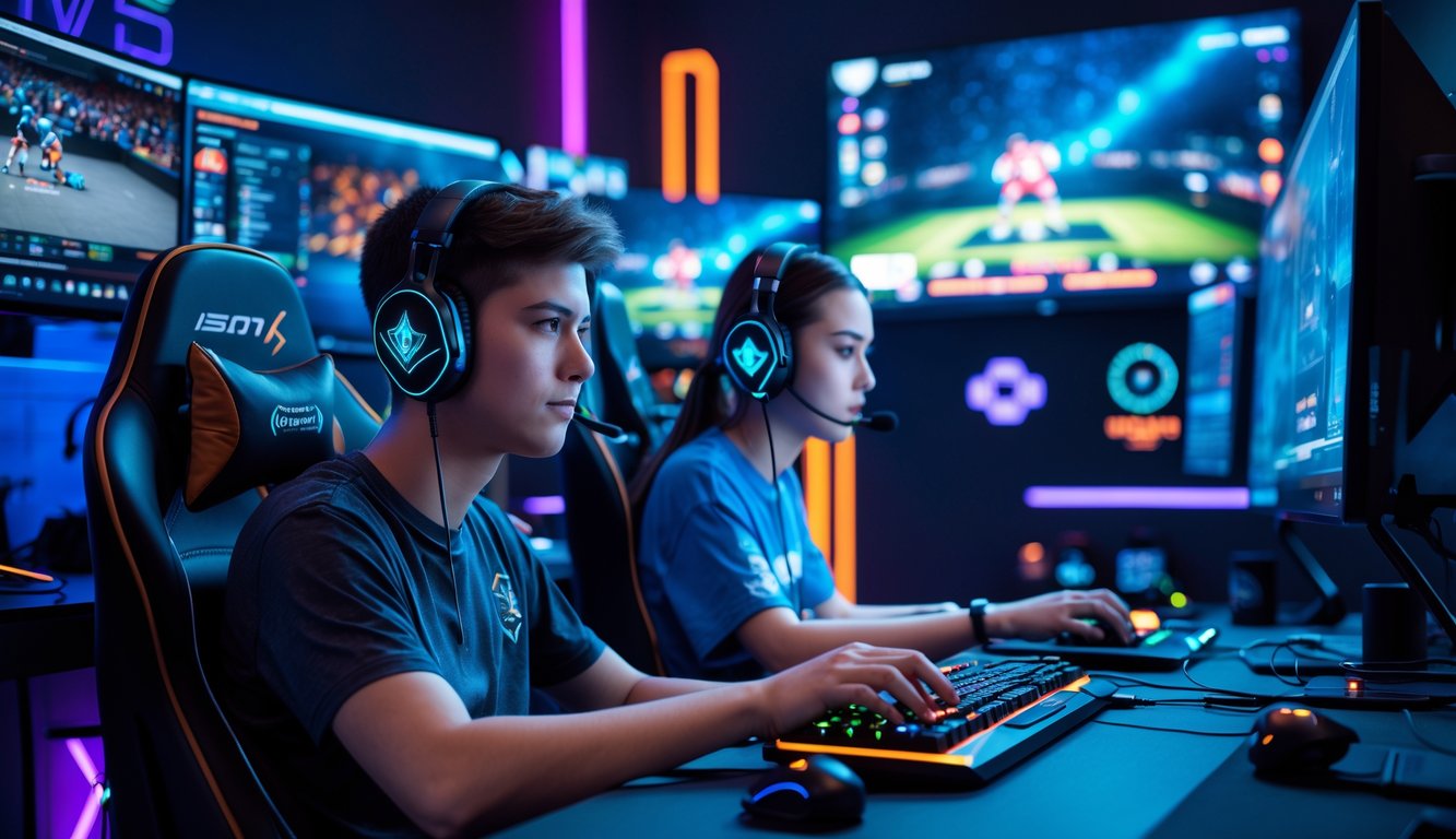 Dua pemain esports muda yang serius bermain di depan komputer dengan layar menampilkan pertandingan esports langsung.