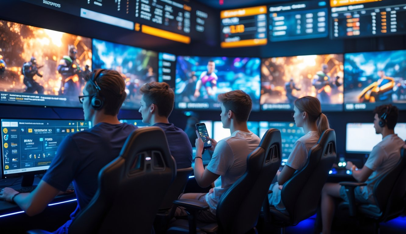 Beberapa orang muda sedang menonton pertandingan esports secara langsung dan memasang taruhan di sebuah ruangan dengan komputer dan layar besar.