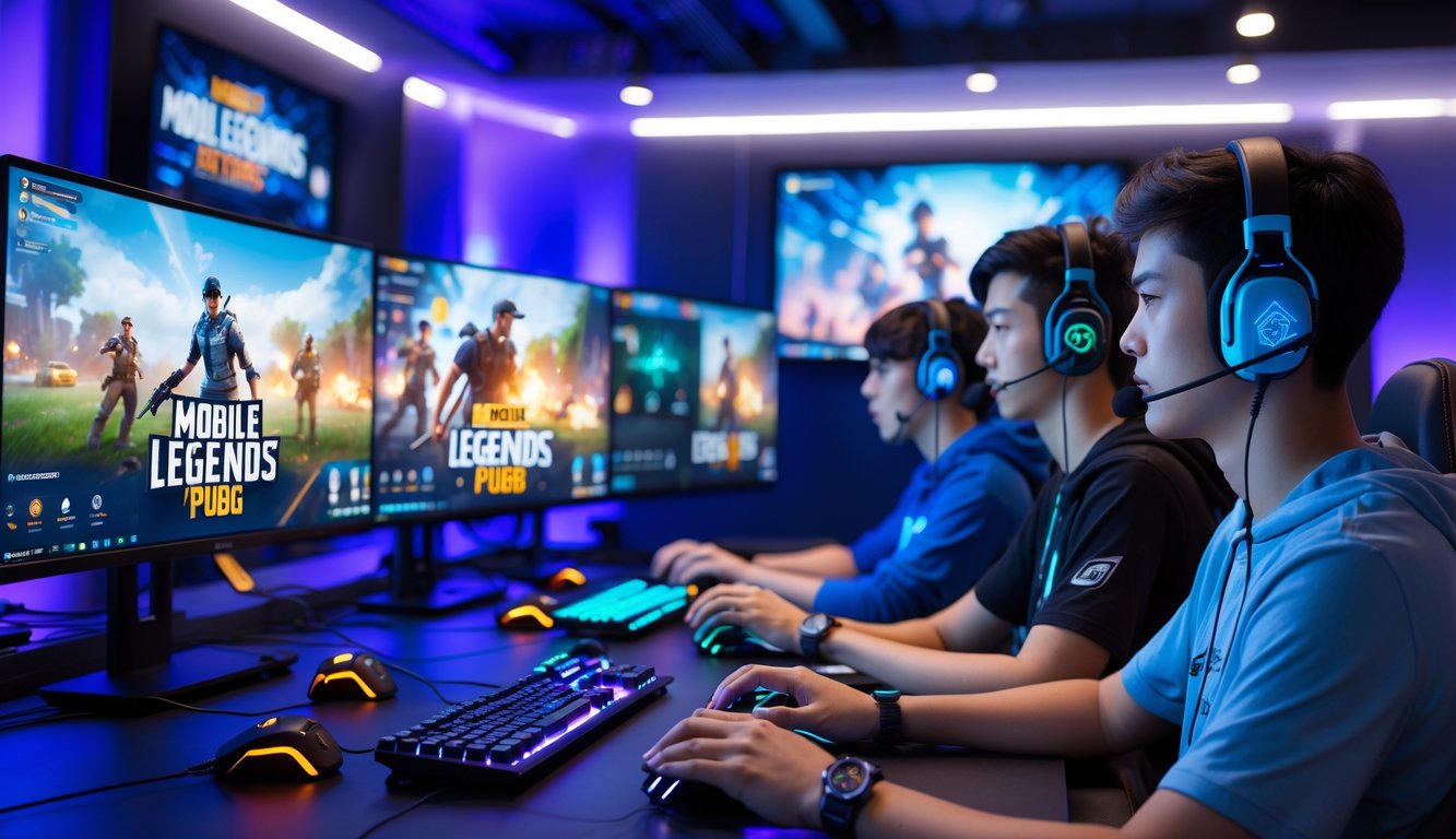 Sejumlah pemain muda sedang bermain game esports Mobile Legends dan PUBG dengan layar besar yang menampilkan permainan secara langsung di sebuah ruangan gaming modern.
