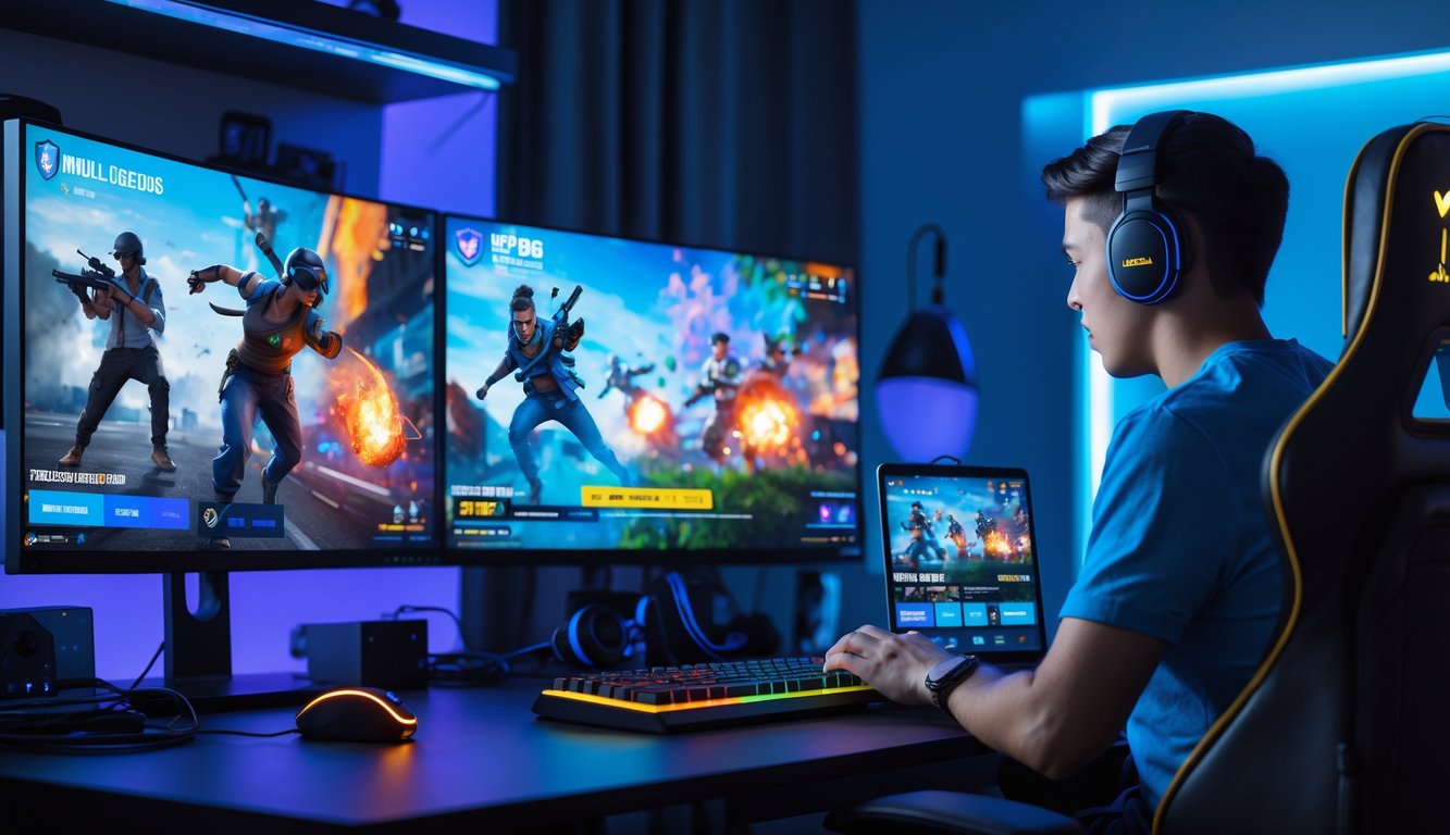 Seorang pemain duduk di depan komputer dengan beberapa layar yang menampilkan permainan Mobile Legends dan PUBG secara langsung.