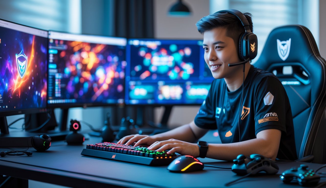 Seorang pemain esports muda sedang bermain dan melakukan streaming langsung di depan beberapa monitor dengan peralatan gaming di meja.