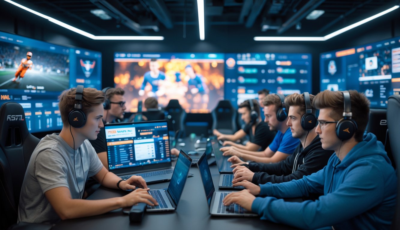 Beberapa orang muda sedang menggunakan perangkat digital untuk menonton dan bertaruh pada pertandingan esports secara langsung di ruangan yang modern dan terang.