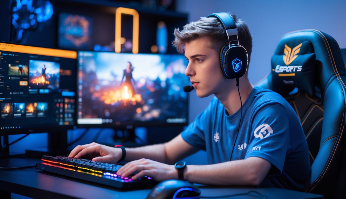 Seorang pria muda sedang melakukan streaming permainan esports di depan komputer dengan dua monitor di ruangan yang terang.