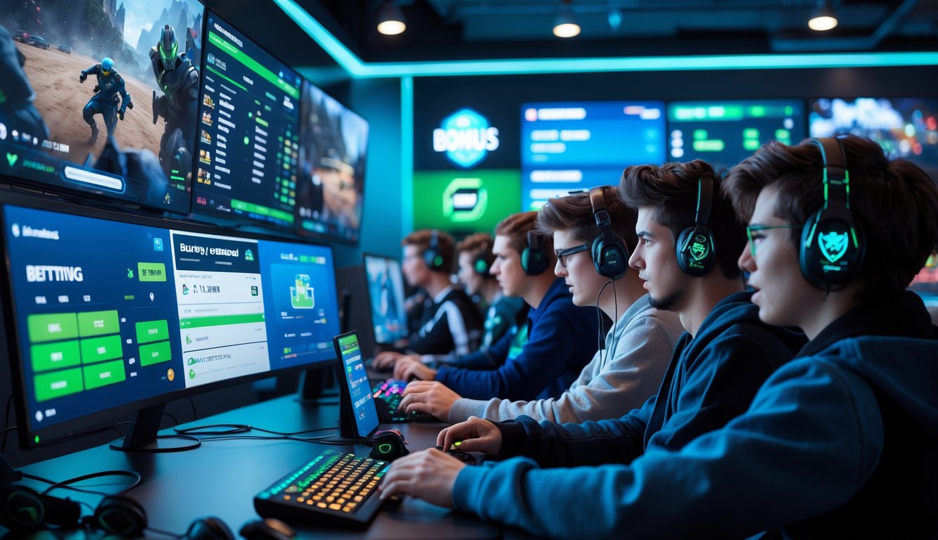 Sekelompok orang muda sedang menggunakan komputer dan perangkat digital untuk menonton siaran langsung esports dan klaim bonus taruhan.