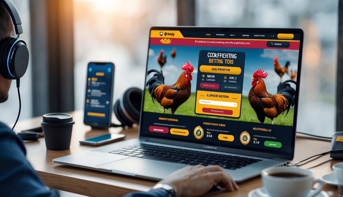 Seseorang menggunakan laptop di meja kerja dengan tampilan situs web sabung ayam online yang menampilkan gambar ayam jago dan form pendaftaran.