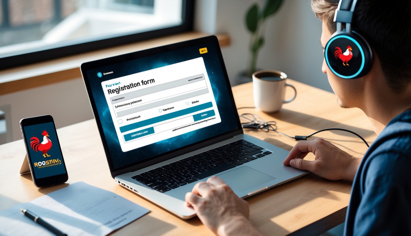 Seseorang sedang menggunakan laptop di meja kerja untuk mendaftar secara online dengan suasana yang rapi dan terang.