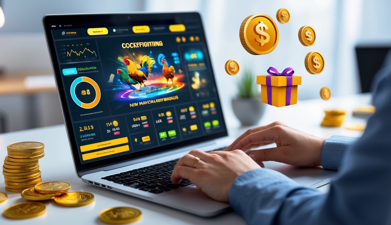 Seseorang menggunakan komputer dengan layar yang menampilkan platform taruhan sabung ayam online dan simbol hadiah bonus anggota baru.