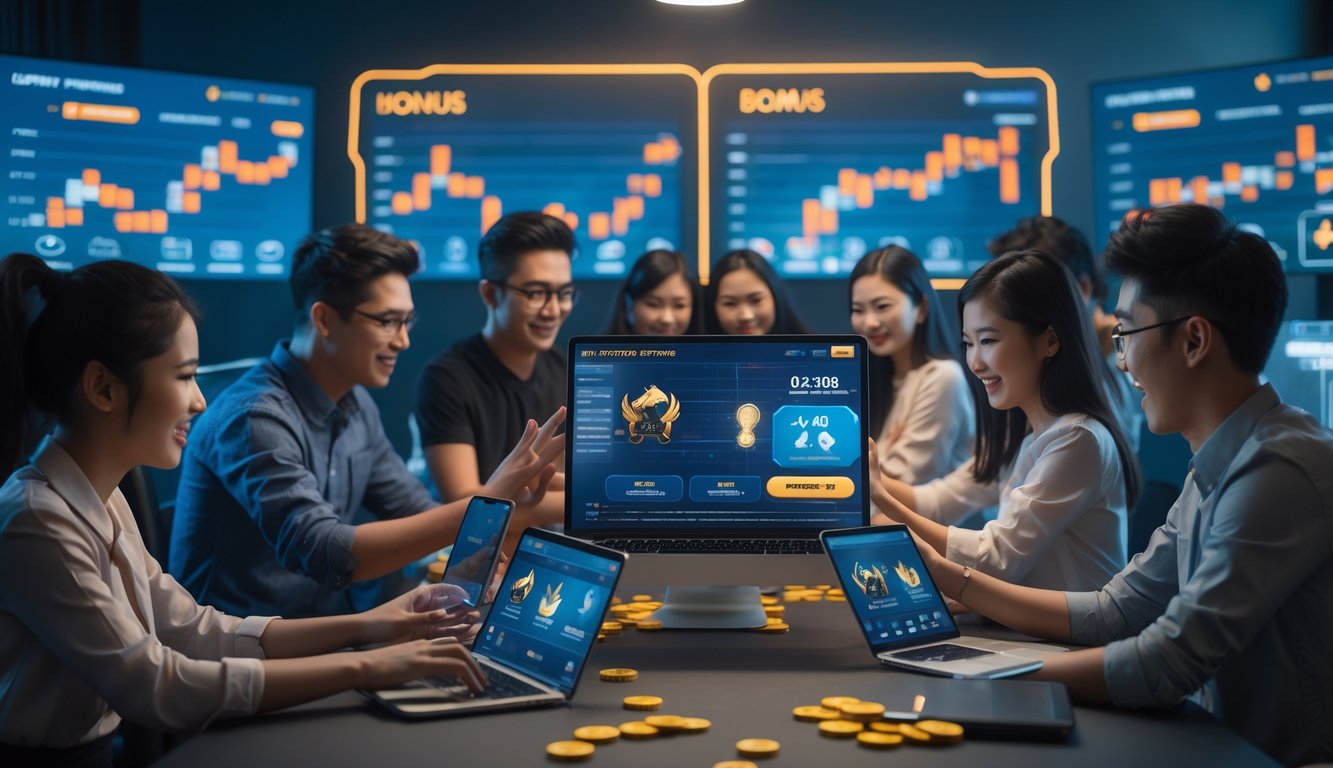 Beberapa orang muda menggunakan laptop dan ponsel di ruang kerja modern dengan layar yang menampilkan elemen terkait sabung ayam online dan bonus anggota baru.