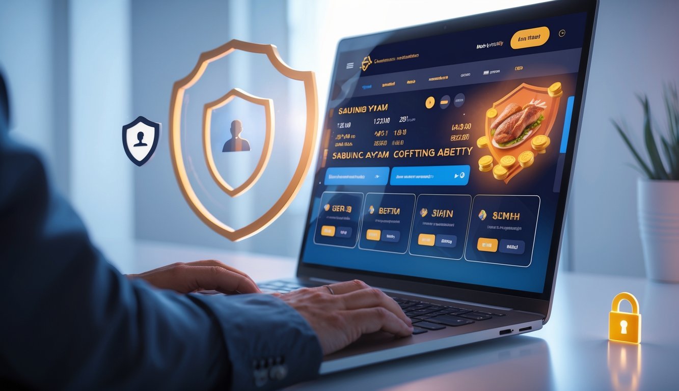 Seorang pria menggunakan komputer dengan tampilan situs taruhan sabung ayam online yang aman dan profesional.