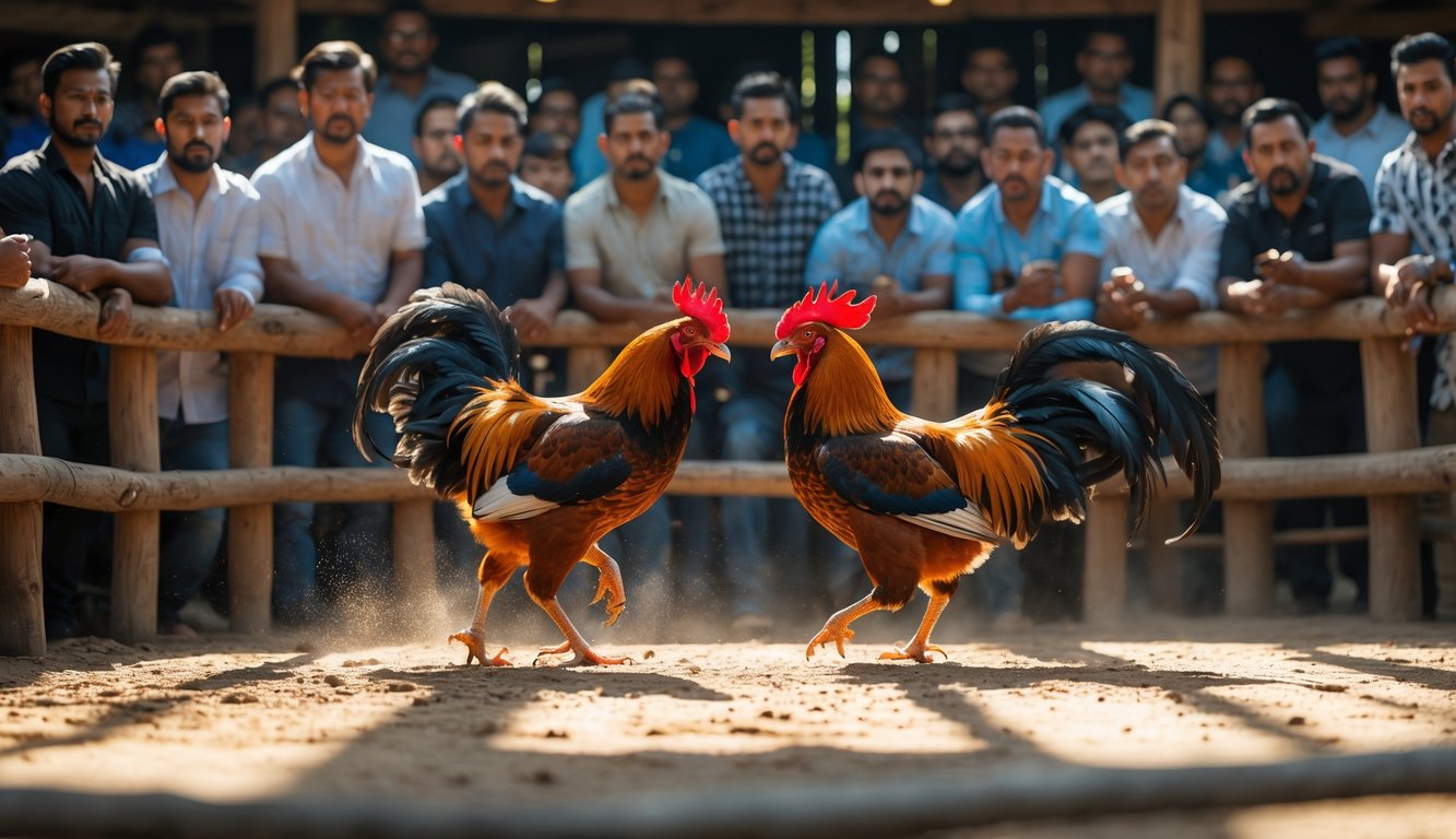 Dua ayam jago sedang bertarung di arena kayu dengan beberapa pria yang memperhatikan dengan serius, di latar belakang terlihat perangkat elektronik yang menunjukkan situs taruhan online.