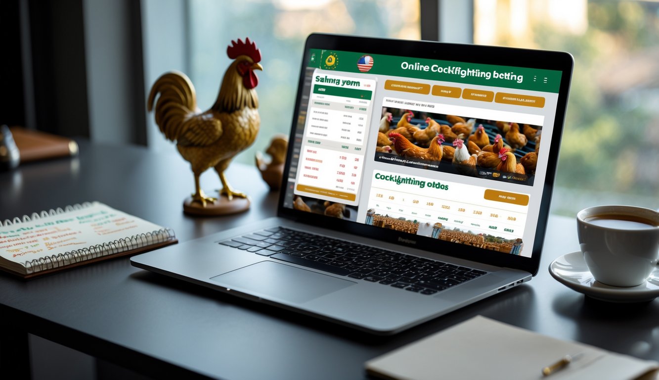 Seorang pria duduk di depan laptop dengan layar menampilkan situs taruhan sabung ayam online, di meja terdapat ponsel, buku catatan, dan cangkir kopi.