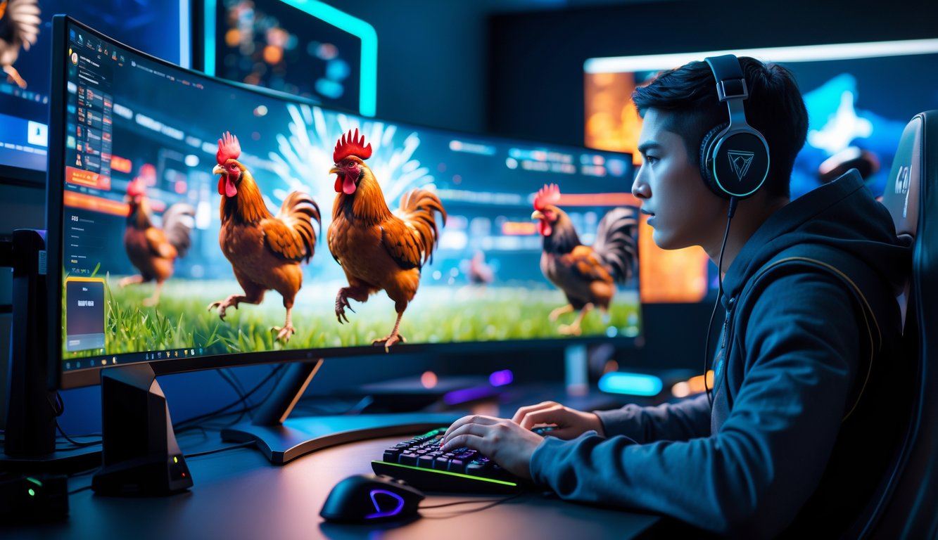 Seorang pria muda sedang bermain game sabung ayam online di depan komputer dengan layar besar dan suasana ruangan modern.