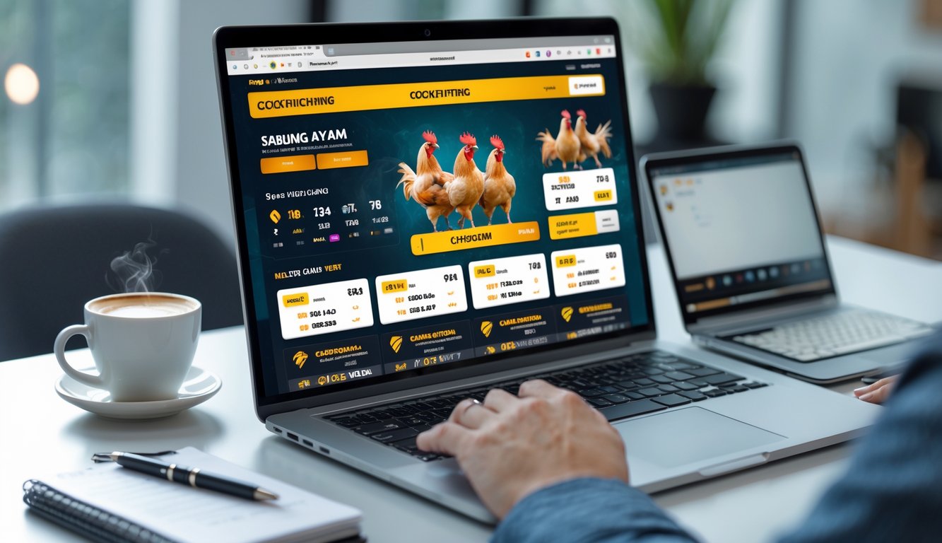 Seorang pengguna duduk di depan komputer dengan layar menampilkan antarmuka taruhan sabung ayam online yang terpercaya.