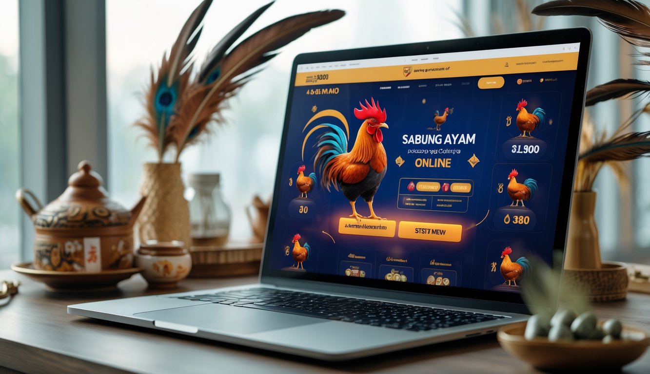 Seorang pengguna mengakses situs sabung ayam online di komputer di ruang kerja yang rapi dengan dekorasi bertema ayam jago.
