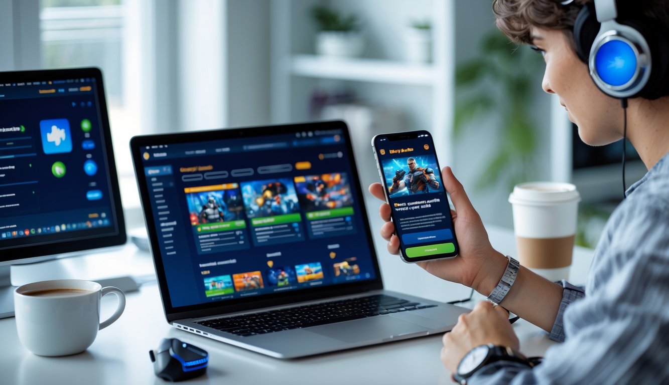 Seseorang menggunakan ponsel dan laptop di meja kerja untuk klaim bonus game online.